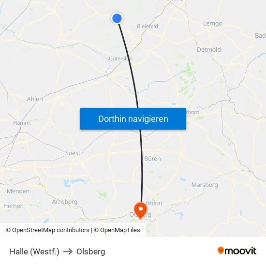 Halle (Westf.) to Olsberg map