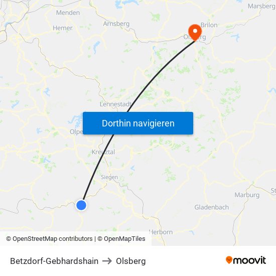 Betzdorf-Gebhardshain to Olsberg map