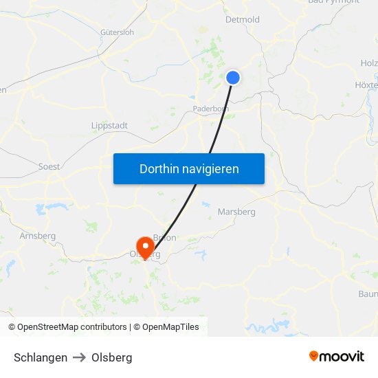 Schlangen to Olsberg map