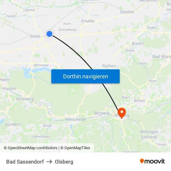 Bad Sassendorf to Olsberg map