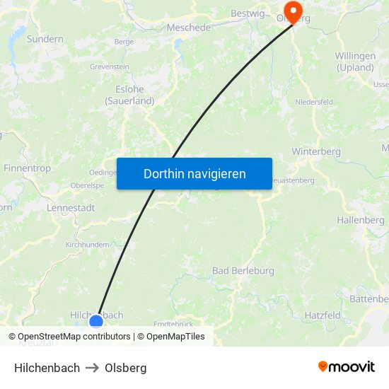 Hilchenbach to Olsberg map