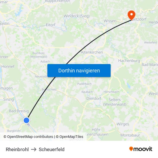 Rheinbrohl to Scheuerfeld map