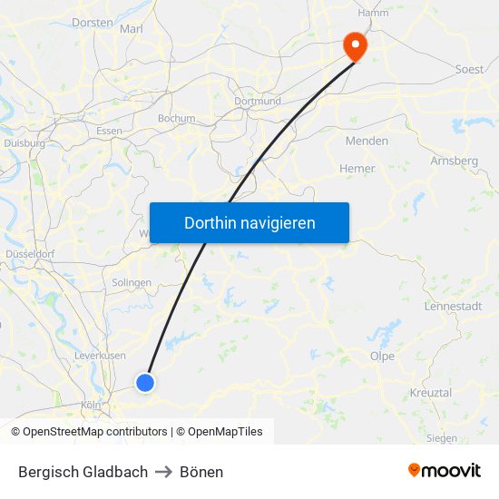 Bergisch Gladbach to Bönen map