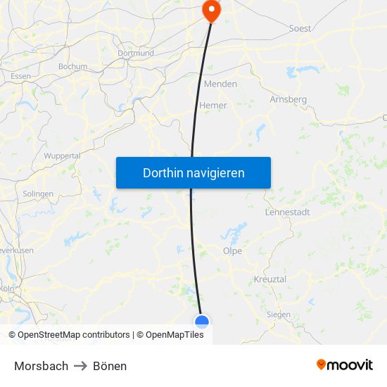 Morsbach to Bönen map