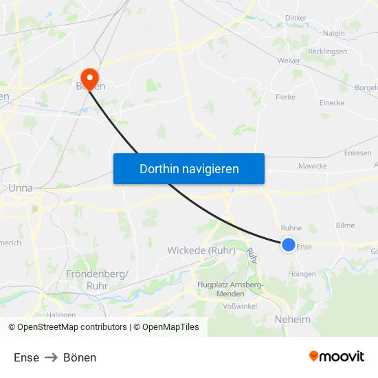 Ense to Bönen map