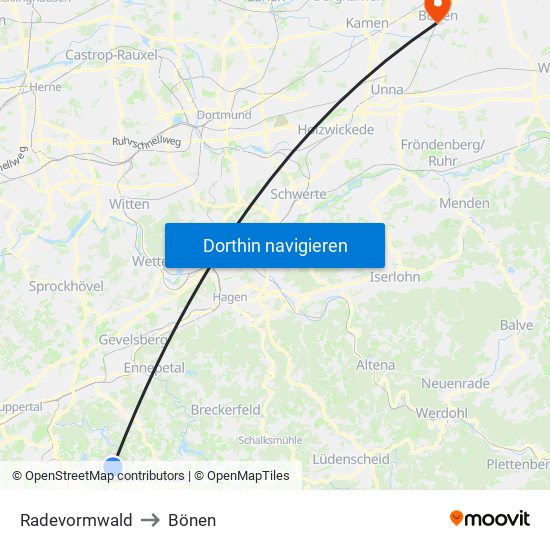 Radevormwald to Bönen map