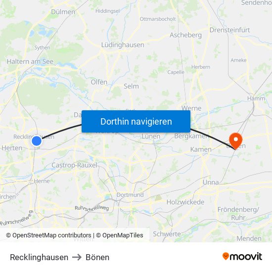 Recklinghausen to Bönen map