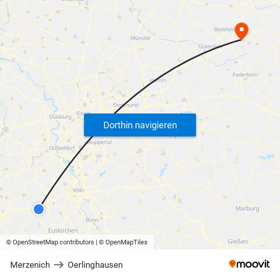 Merzenich to Oerlinghausen map