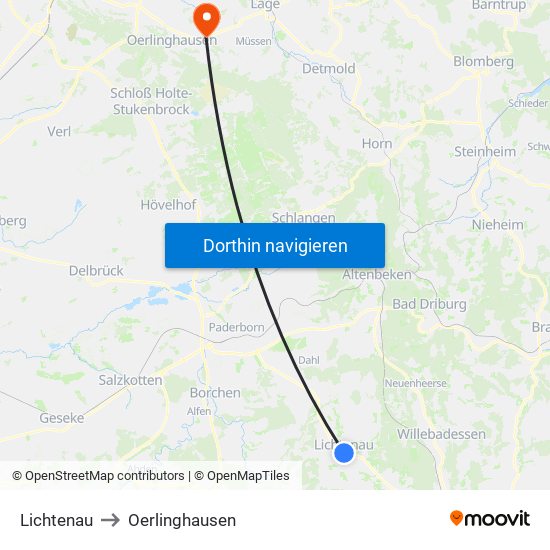 Lichtenau to Oerlinghausen map