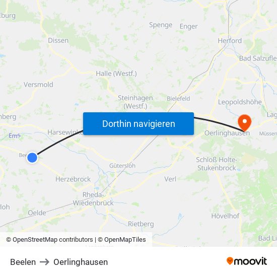 Beelen to Oerlinghausen map