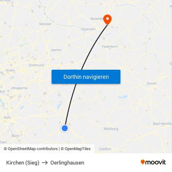 Kirchen (Sieg) to Oerlinghausen map