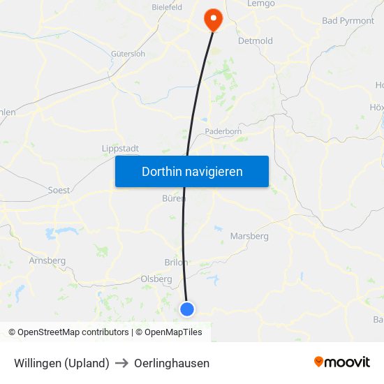 Willingen (Upland) to Oerlinghausen map