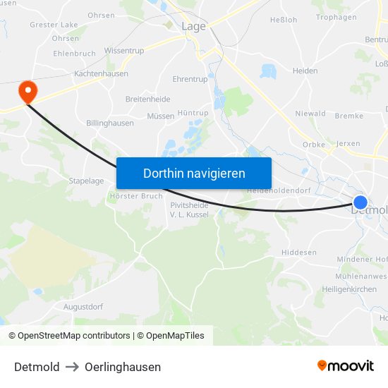 Detmold to Oerlinghausen map
