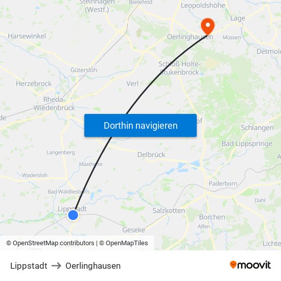 Lippstadt to Oerlinghausen map