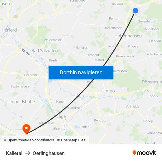 Kalletal to Oerlinghausen map