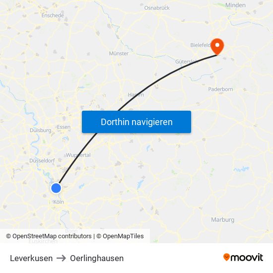 Leverkusen to Oerlinghausen map