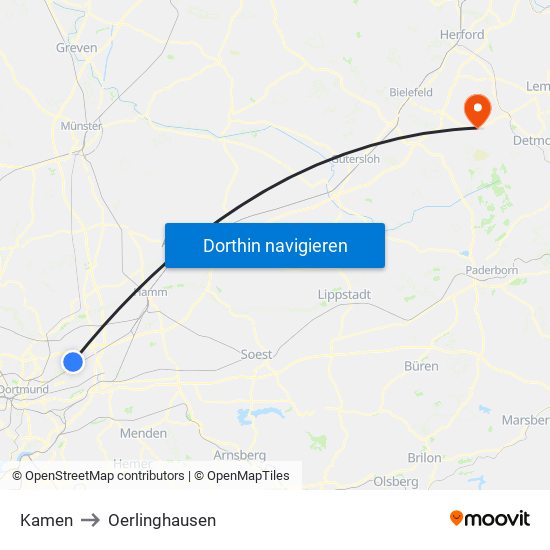 Kamen to Oerlinghausen map