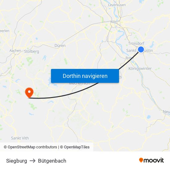 Siegburg to Bütgenbach map
