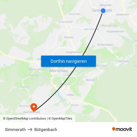 Simmerath to Bütgenbach map