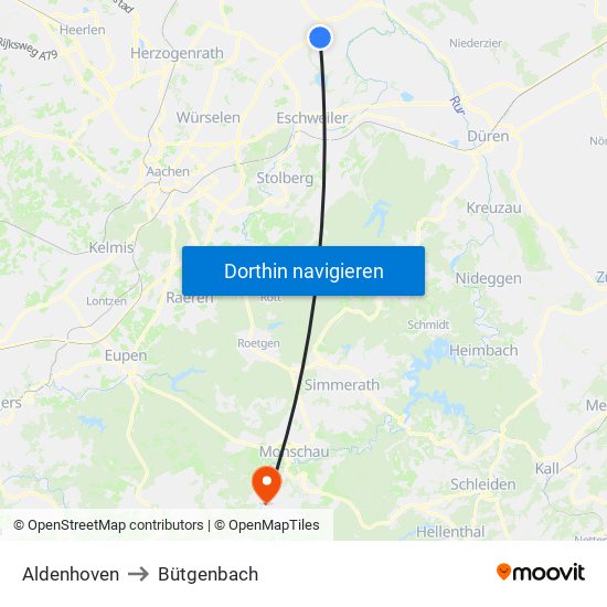 Aldenhoven to Bütgenbach map