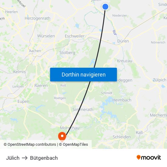 Jülich to Bütgenbach map