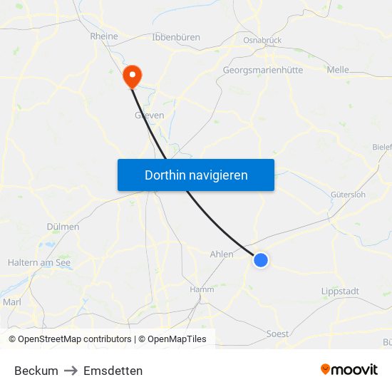 Beckum to Emsdetten map