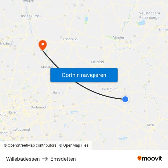 Willebadessen to Emsdetten map