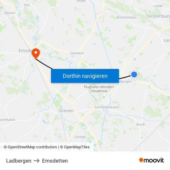 Ladbergen to Emsdetten map