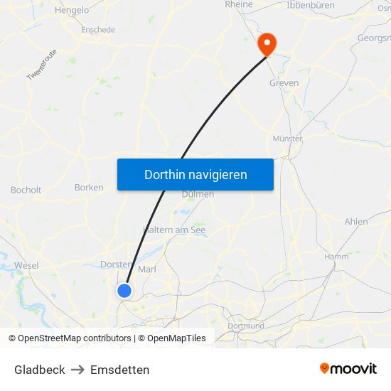 Gladbeck to Emsdetten map