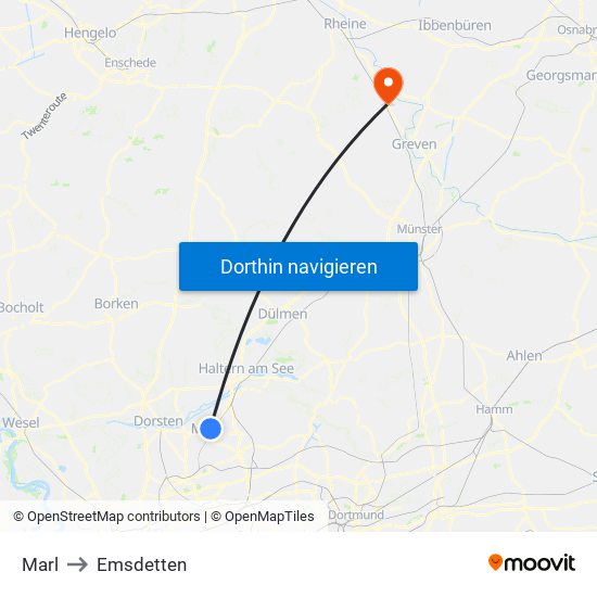 Marl to Emsdetten map