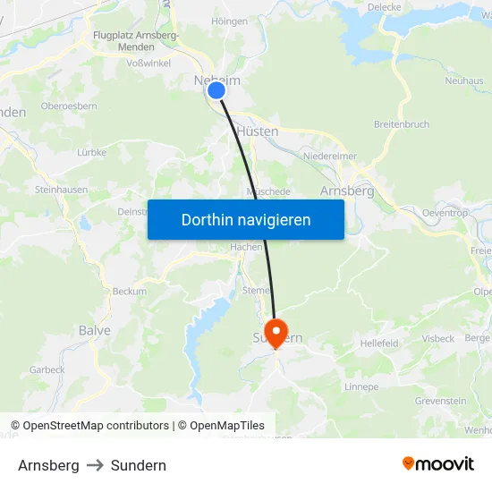 Arnsberg to Sundern map