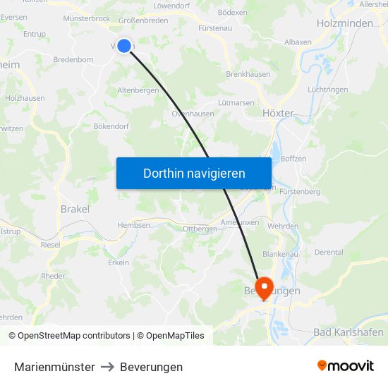 Marienmünster to Beverungen map