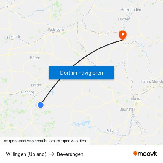 Willingen (Upland) to Beverungen map