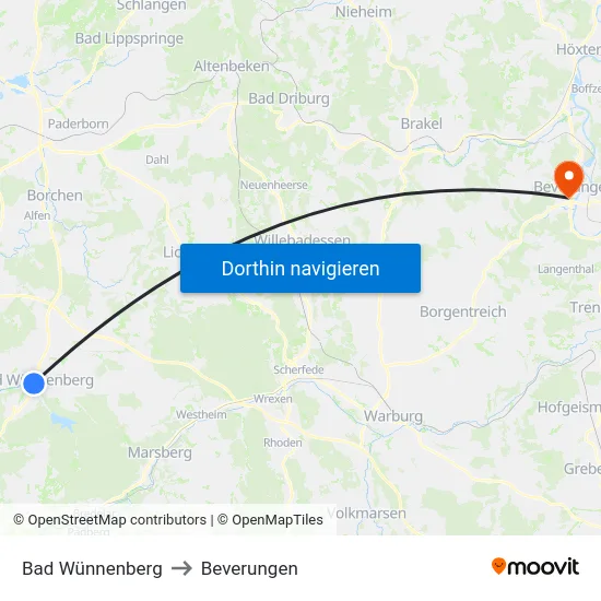 Bad Wünnenberg to Beverungen map
