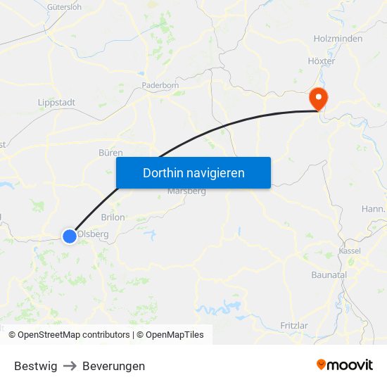 Bestwig to Beverungen map