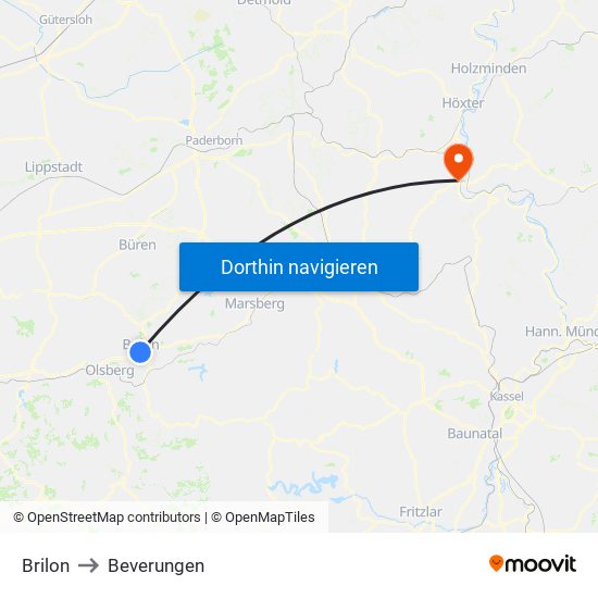 Brilon to Beverungen map