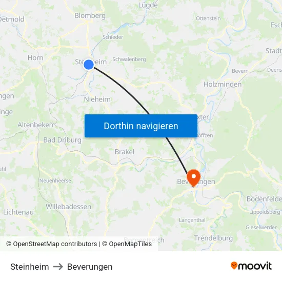 Steinheim to Beverungen map