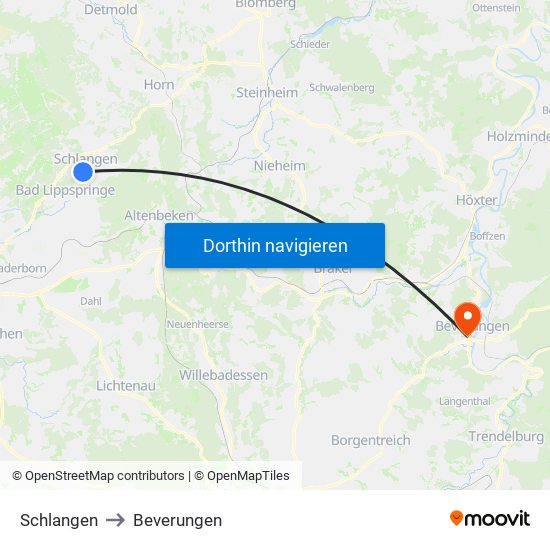 Schlangen to Beverungen map