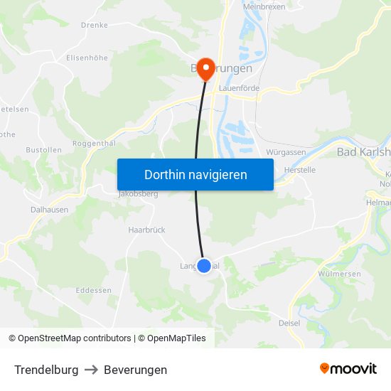 Trendelburg to Beverungen map