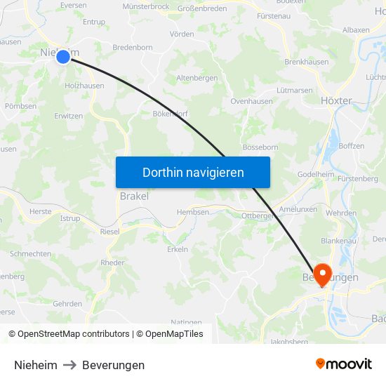 Nieheim to Beverungen map