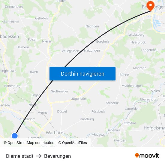 Diemelstadt to Beverungen map