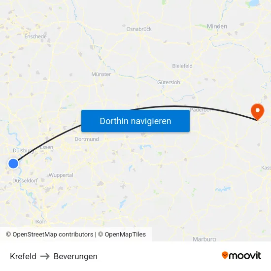 Krefeld to Beverungen map