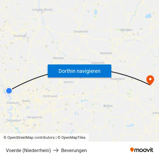 Voerde (Niederrhein) to Beverungen map