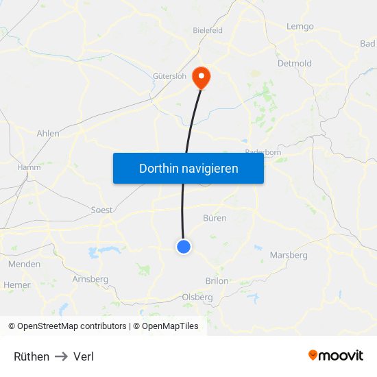 Rüthen to Verl map