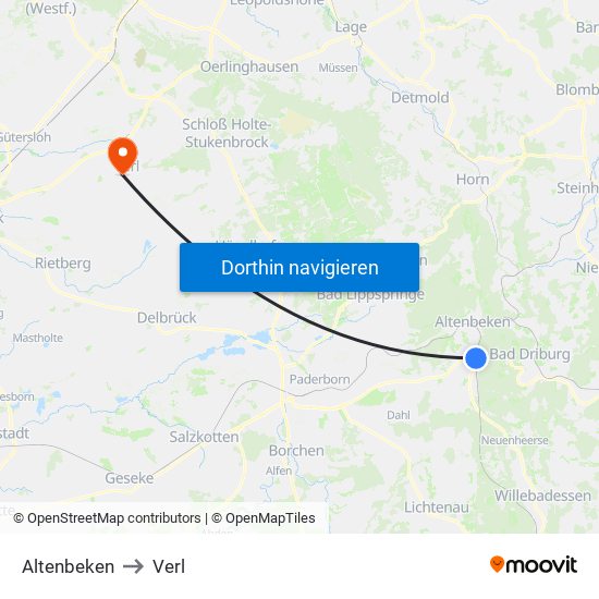 Altenbeken to Verl map