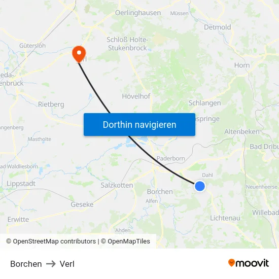 Borchen to Verl map