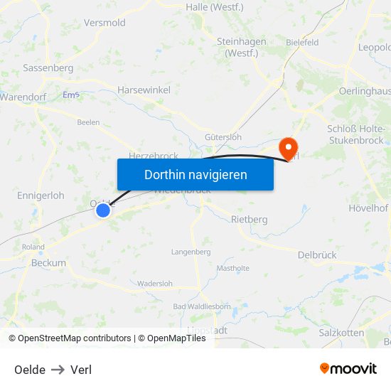 Oelde to Verl map