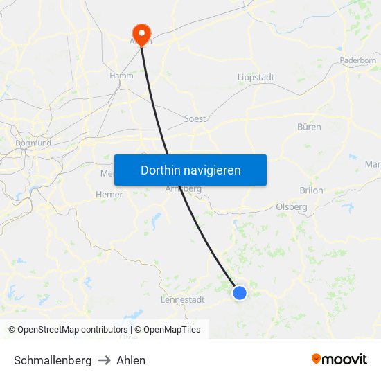 Schmallenberg to Ahlen map