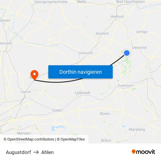 Augustdorf to Ahlen map