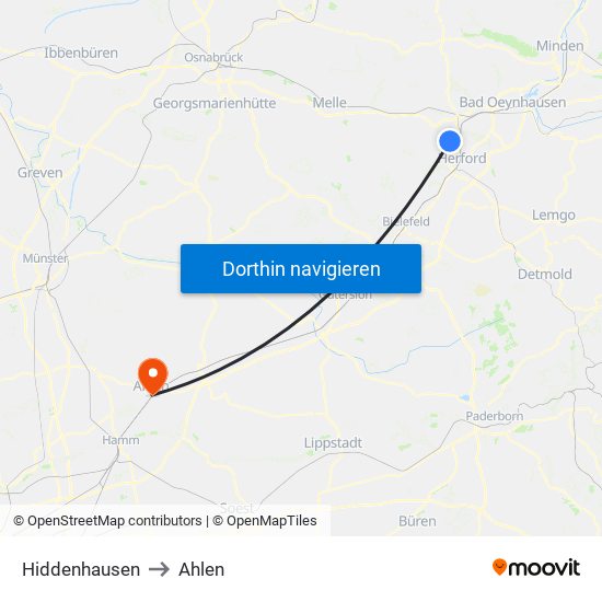 Hiddenhausen to Ahlen map